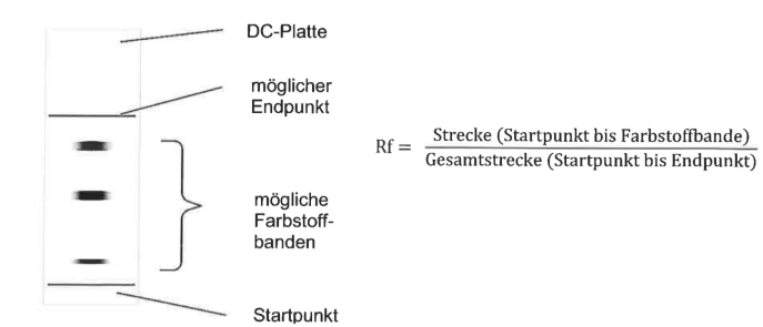 Schematische Darstellung einer DC-Platte mit Startpunkt, Endpunkt, Farbstoffbanden und Rf-Formel.